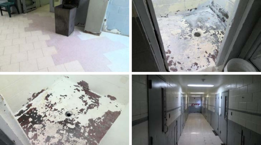 Images from a state facility condition assessment at Pontiac Correctional Center show dilapidated floors and showers.