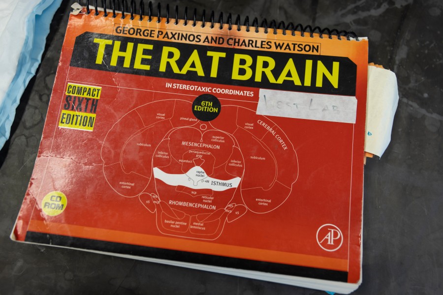 A red book called The Rat Brain sits in the lab.
