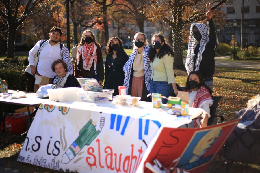 Youssef Hasweh, far left, and other pro-Palestinian protesters on the quad at the Unversity of Chicago in November, 2023.