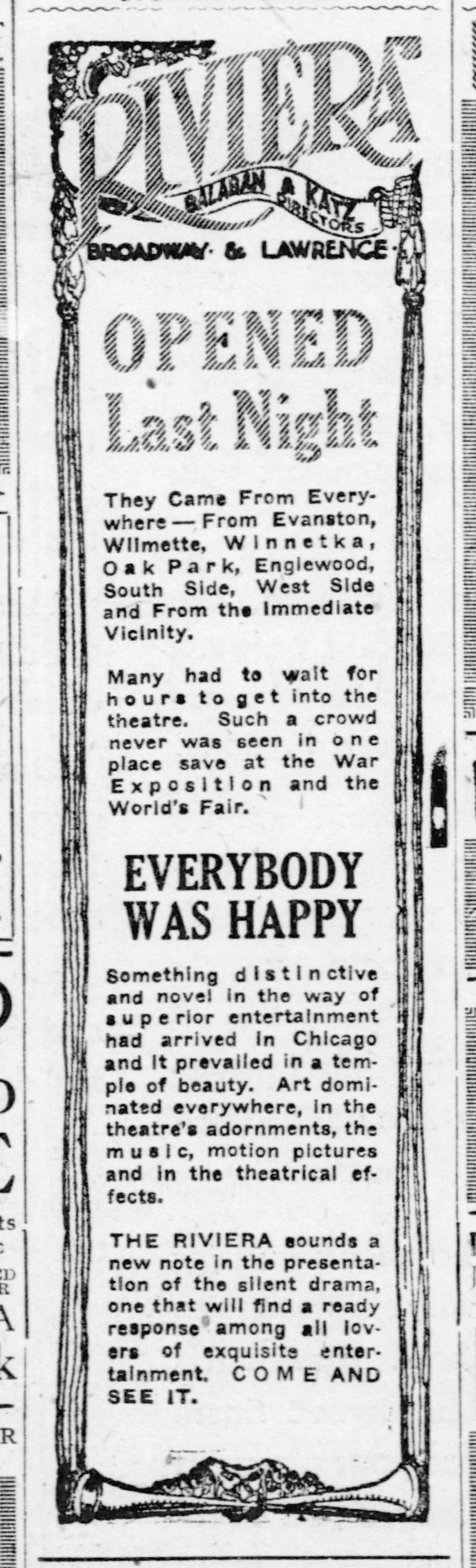 The Riviera Theatre opening advertisement, Chicago Tribune