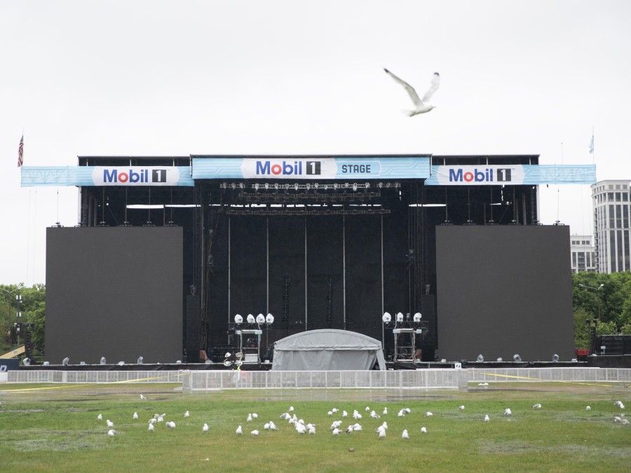 A seagull flies over the Mobil 1 Stage of the NASCAR Chicago Street Race on Sunday.