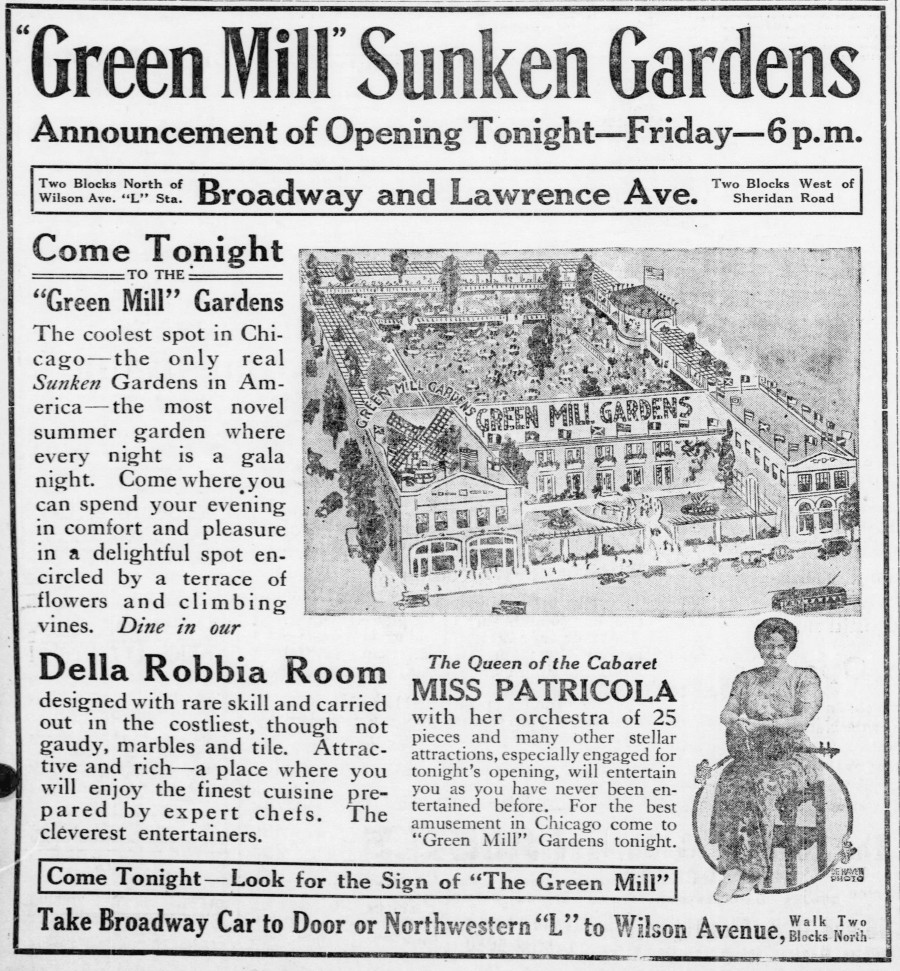 Green Mill Gardens opening night advertisement, Chicago Tribune