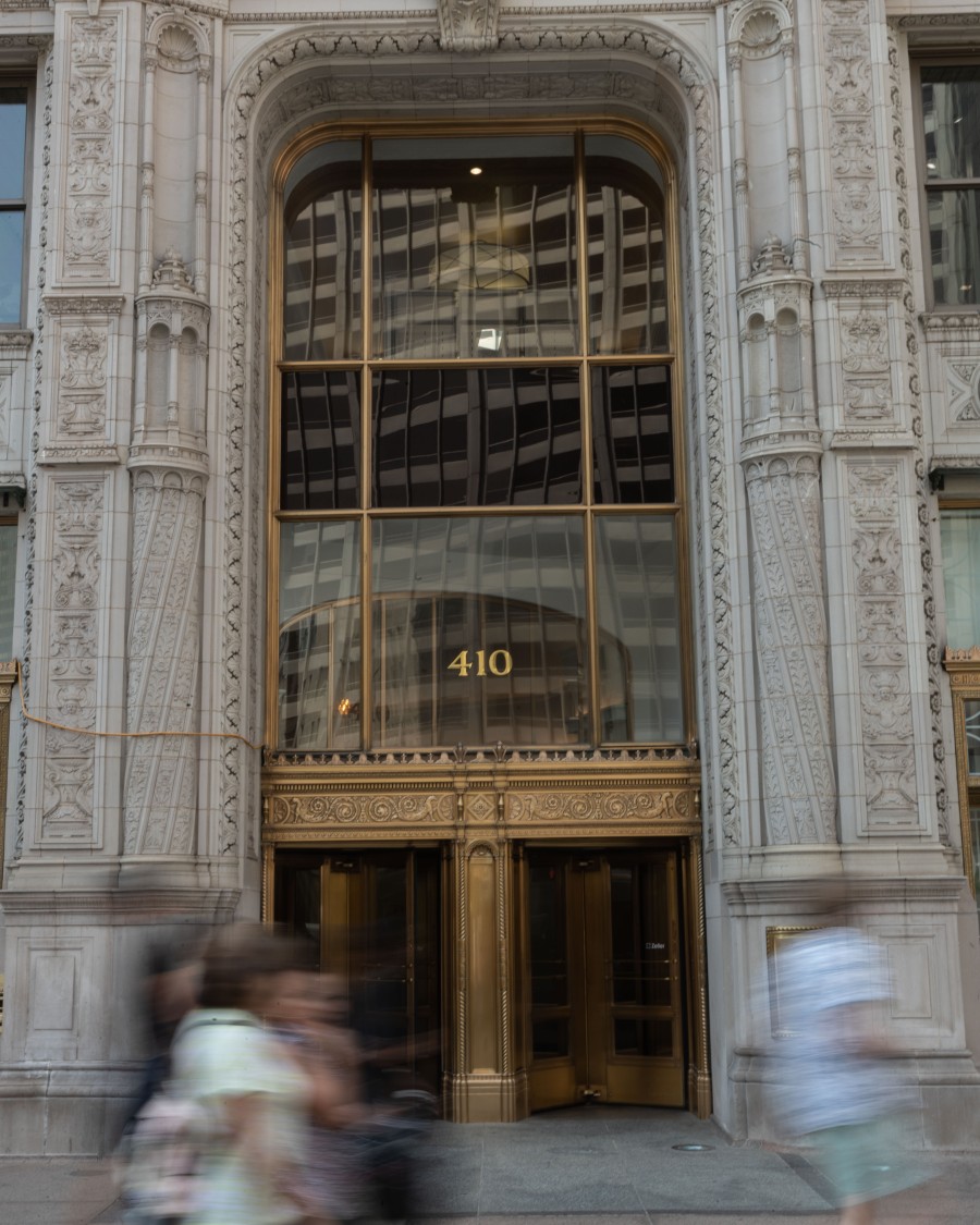 Wrigley Building entrance with 410 in gold plated numbers