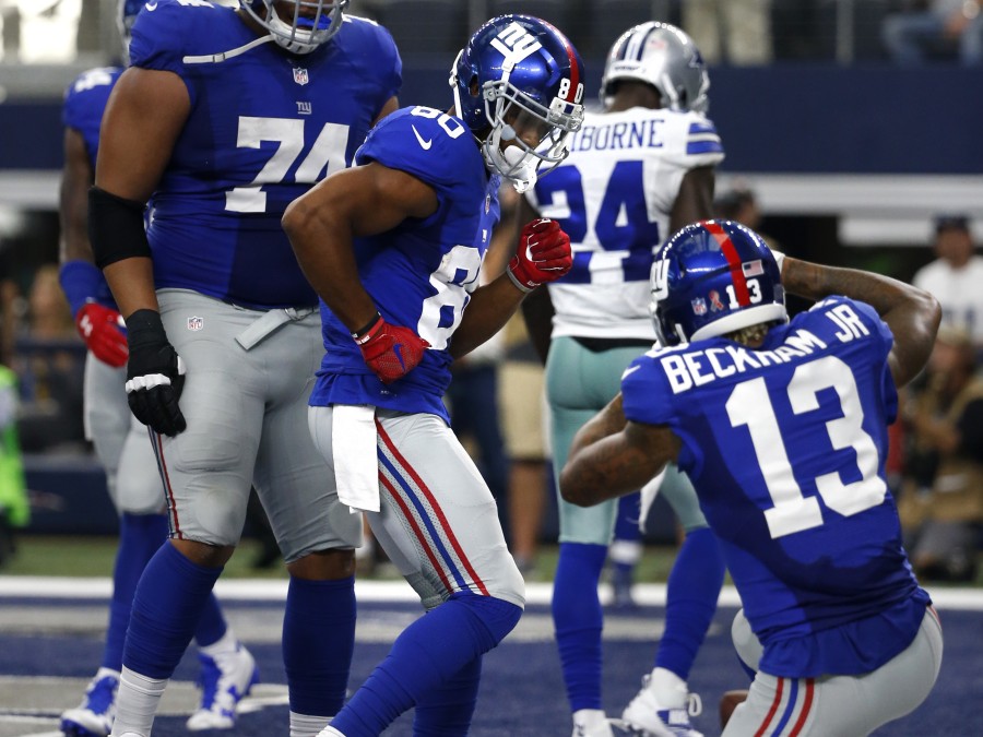 New York Giants Odell Beckham Jr. celebrates in the end zone after