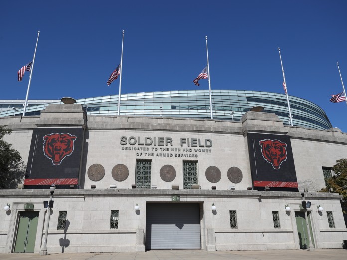 Chicago, Illinois, USA. 20th Sep, 2020. - Bears #48 Patrick Scales takes a  break during the NFL Game between the New York Giants and Chicago Bears at  Soldier Field in Chicago, IL.