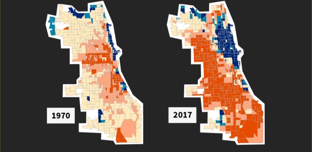 Two maps showing how Chicago's middle class has decreased, while low income and high income areas increase
