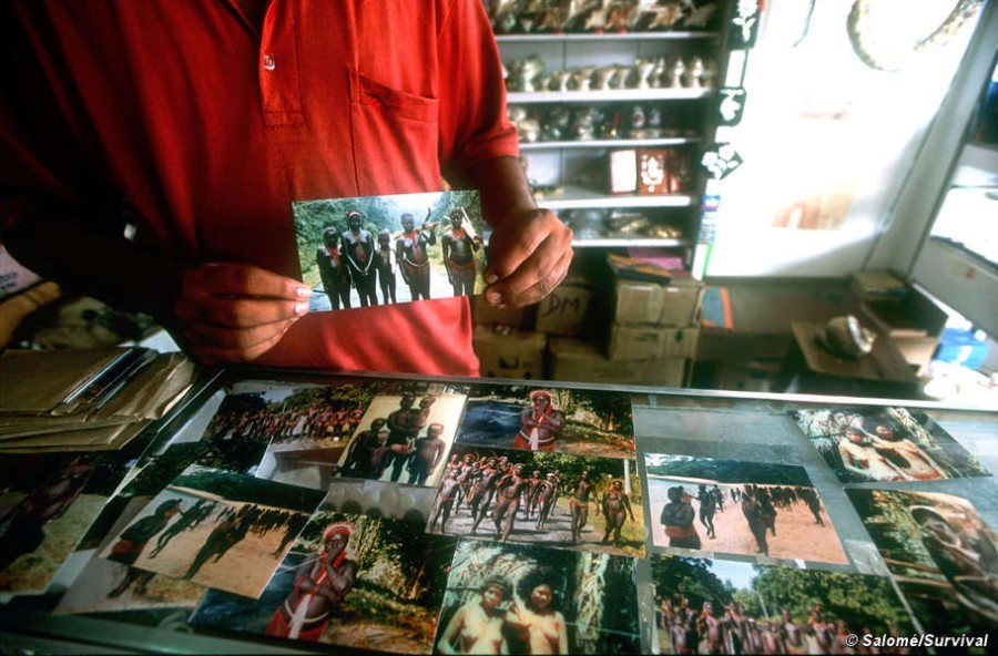 A souvenir shop on the Andaman Islands sells pictures of the Jarawa and other tribes in the islands. 