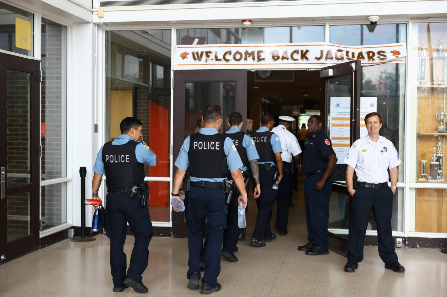 Officers at a school safety exercise at Percy L. Julian High School on Thursday, Aug. 18.