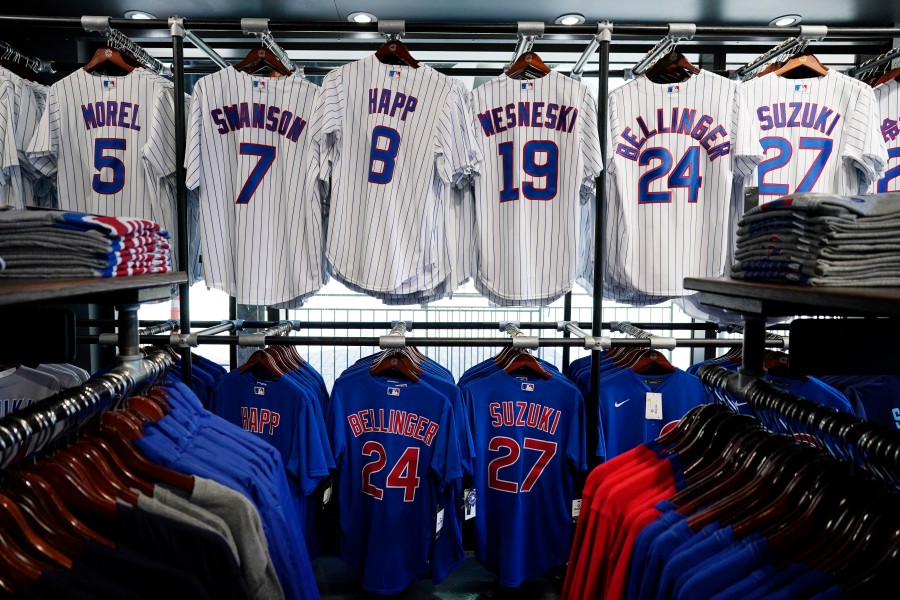 Chicago Cubs jersey's are sale at a Cubs store ahead of opening day.